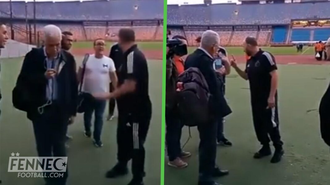 Coup de Tonnerre ! Djamel Belmadi met une énorme raclée aux journalistes Djamel Belmadi en interaction avec des journalistes sur le terrain de football.