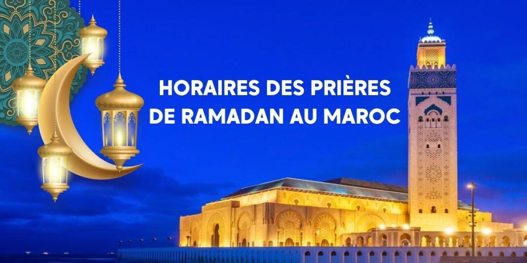 Horaires des prières de Ramadan au Maroc avec mosquée et lune.
