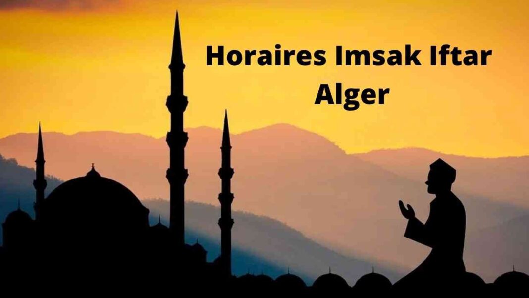Horaires Imsak et Iftar en Algérie Horaires de prière pour Ramadan 2023 en Algérie avec silhouette de mosquée.