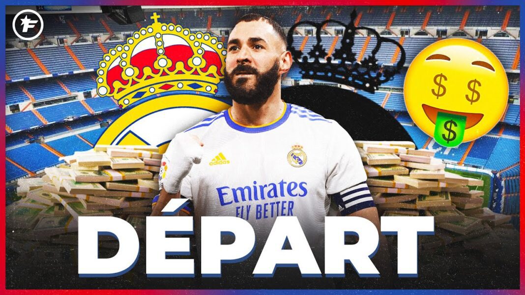 Karim Benzema en maillot du Real Madrid avec un fond de stade vide.