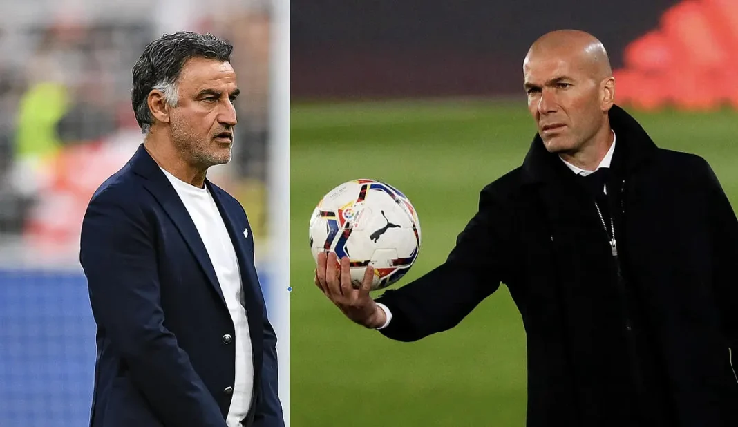 Galtier, envoie un message à Zidane Galtier et Zidane lors d'une rencontre de football.
