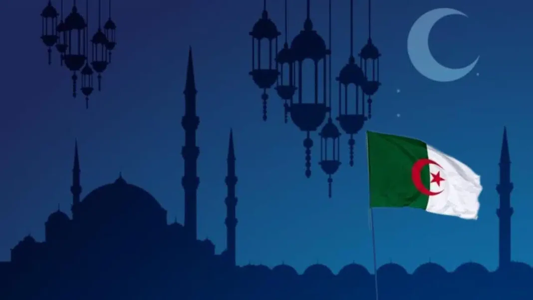 Ramadan 2023 en Algérie : Le calcul astronomique indique cette date. Drapeau algérien flottant sous un ciel nocturne avec mosquées et lune.