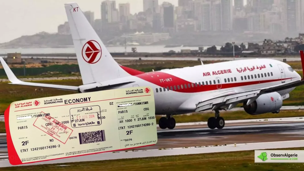 Avion Air Algérie prêt à décoller avec billets d'avion en premier plan.