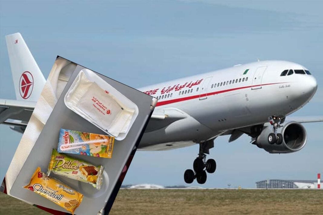 Air Algérie : Critiqué pour le fait de ne servir de repas qu’à une tranche des voyageurs, la compagnie aérienne se ravise. Repas d'avion d'Air Algérie avec différents snacks emballés.