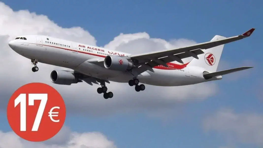 Air Algérie : 17 euros pour cette destination Avion d'Air Algérie en vol avec logo et ciel bleu en arrière-plan.