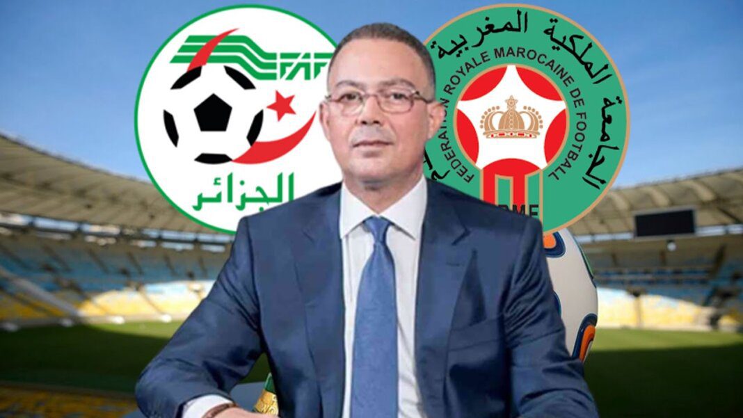 La CAF met en garde Fawzi Lakjaa contre des folies en Algérie Fawzi Lakjaa devant un stade avec logos de la CAF et de la FRMF.
