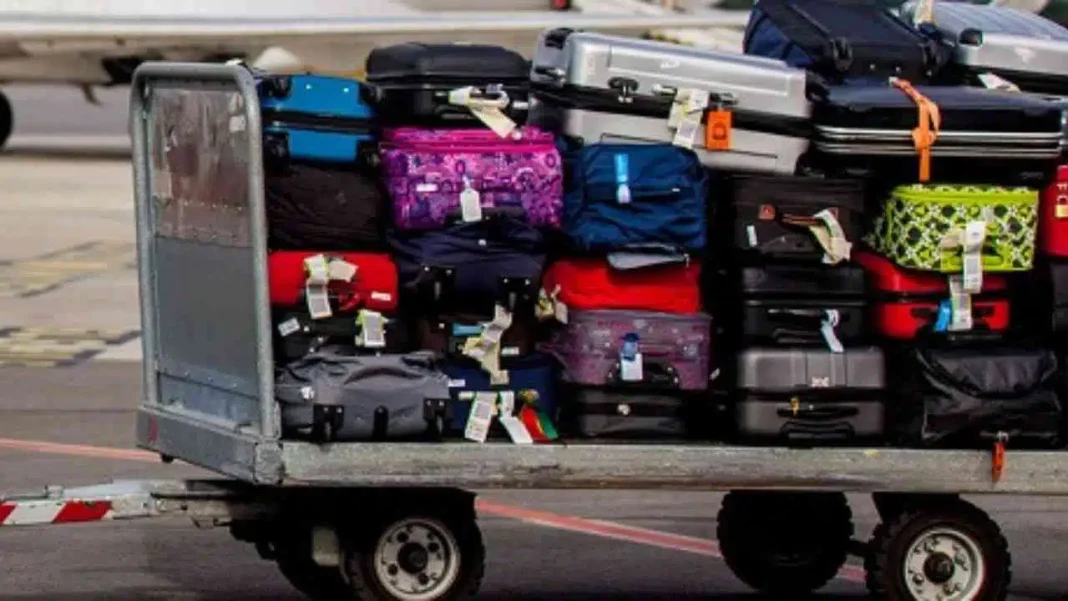 Bagages en attente à l'aéroport d'Alger Bagages empilés sur un chariot à l'aéroport d'Alger.