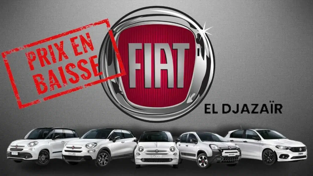 Fiat en Algérie : baisse des prix Logo Fiat avec voitures en arrière-plan, promotion en Algérie.