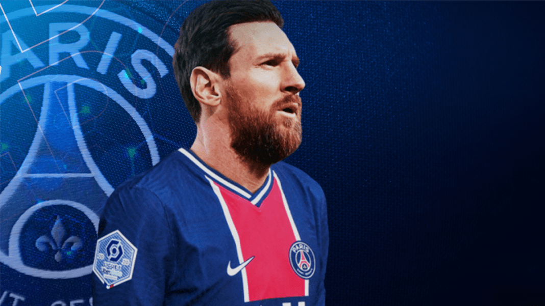 Messi révèle le nom de sa nouvelle équipe Lionel Messi en maillot du PSG, regardant vers l'horizon.