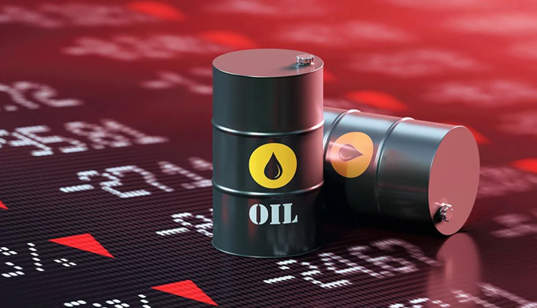 Réduction de la production de pétrole en Algérie Bidons d'huile sur un fond de chiffres boursiers en rouge.