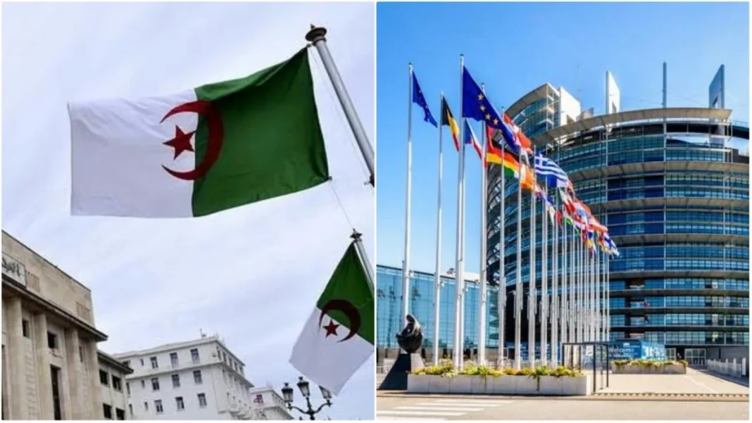 Drapeaux algériens et drapeaux européens Drapeaux algériens et européens devant des bâtiments officiels.