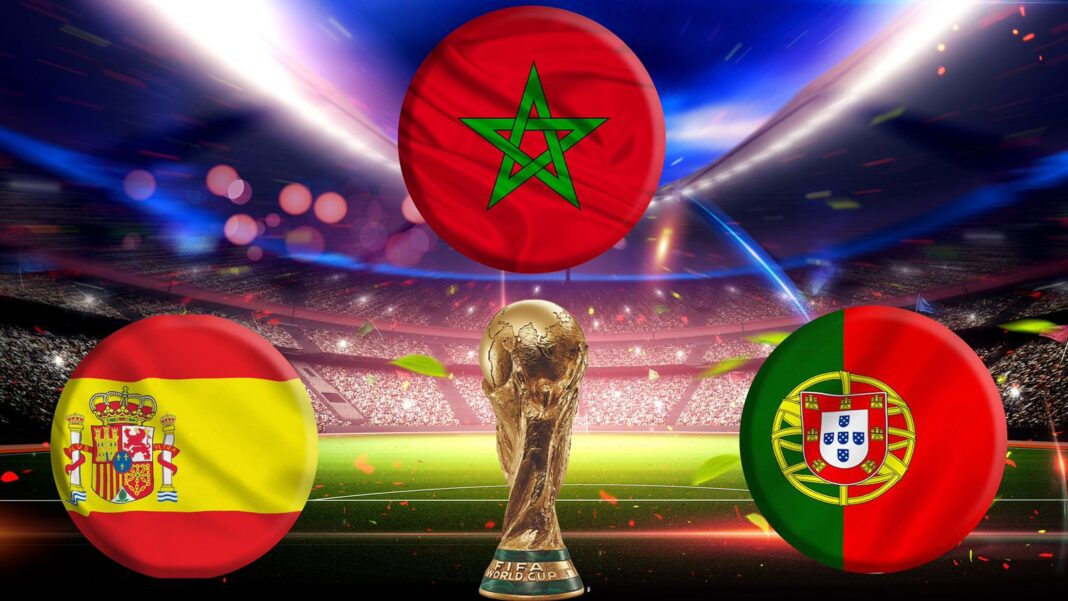 Ballons de football avec drapeaux du Maroc, Espagne, Portugal et trophée mondial.