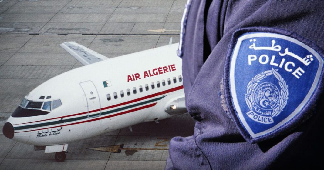 Air Algérie n’en peut plus d’être salie : le transporteur aérien fait recours à la justice. Avion Air Algérie avec un policier en premier plan.