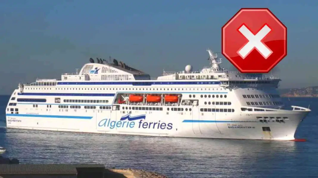 Algerie Ferries annonce un changement pour la traversée Alger-Marseille de ce 24 juin 2023 Ferry Algérie Ferries avec symbole d'interdiction rouge en haut.