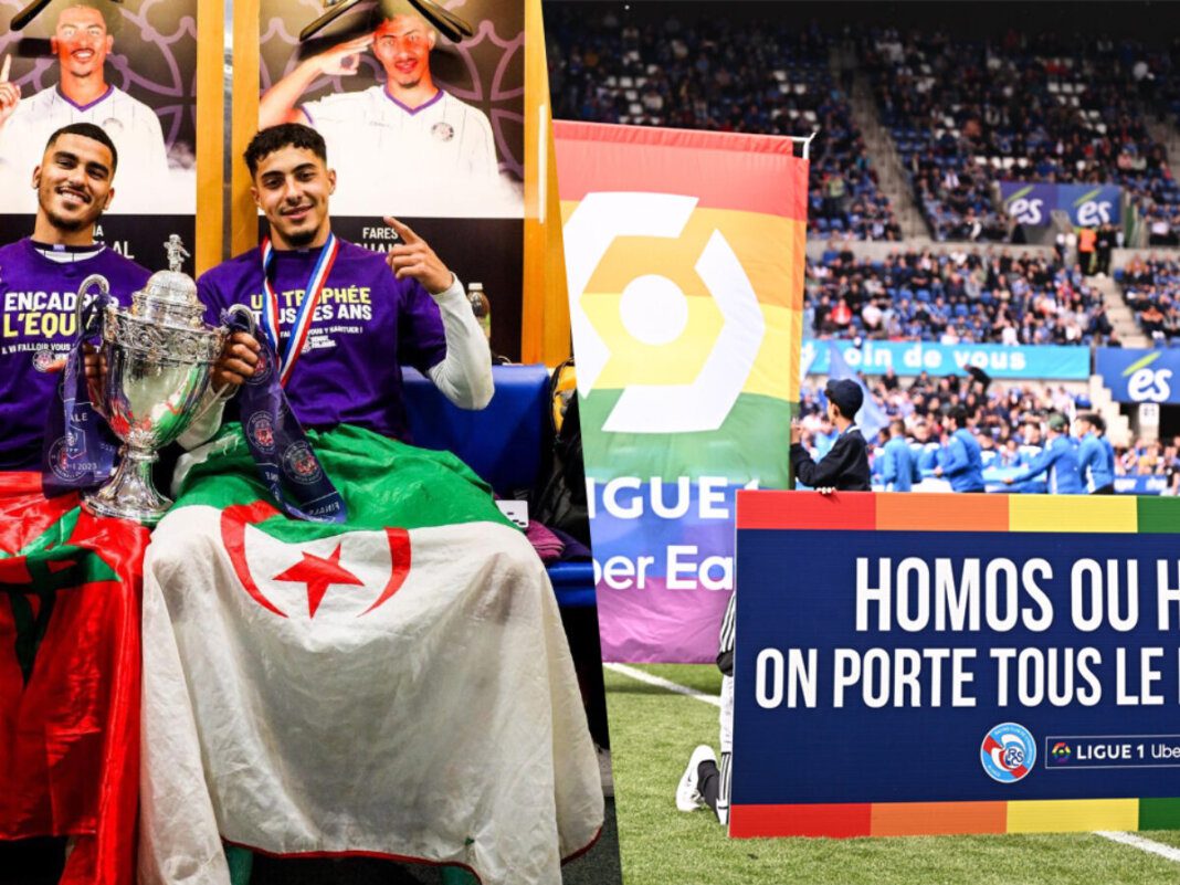 Équipe algérienne championne Joueurs algériens avec trophée et drapeau national lors de la célébration.