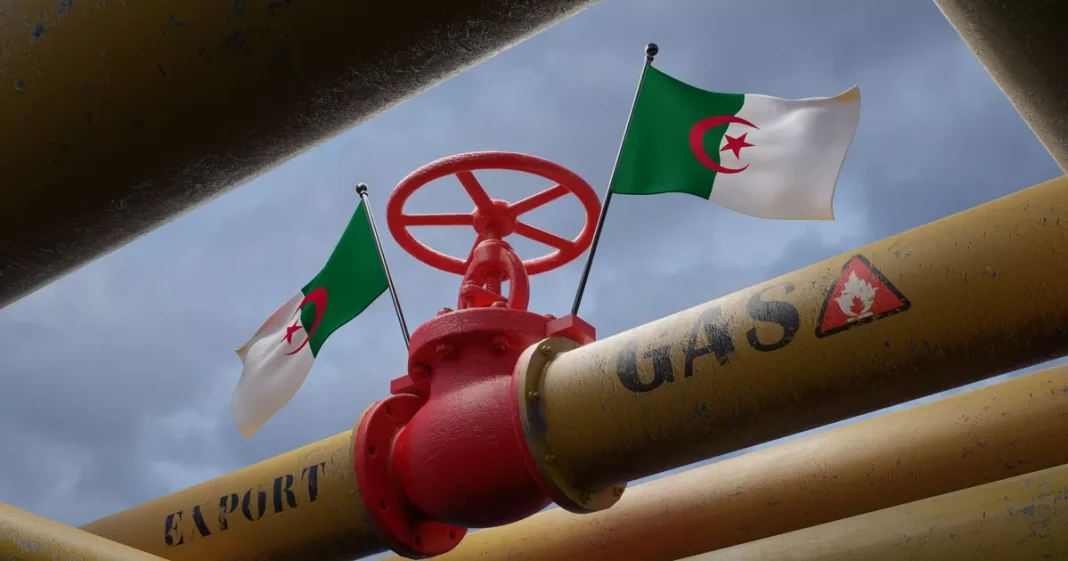Exportation de gaz : l’Algérie poursuit son ascension fulgurante sur le vieux continent. Tuyau de gaz avec drapeaux algériens, symbole de l'exportation de gaz en Algérie.