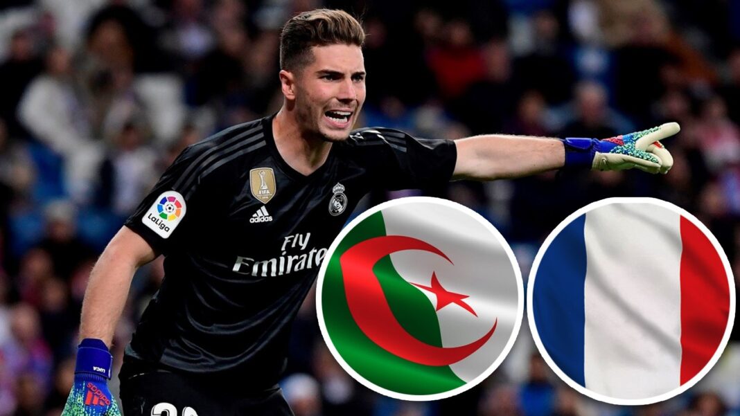 Luca Zidane : Un indice majeur sur son choix entre l’équipe d’Algérie et celle de France Luca Zidane, gardien de but, en pleine action avec drapeaux d'Algérie et de France.