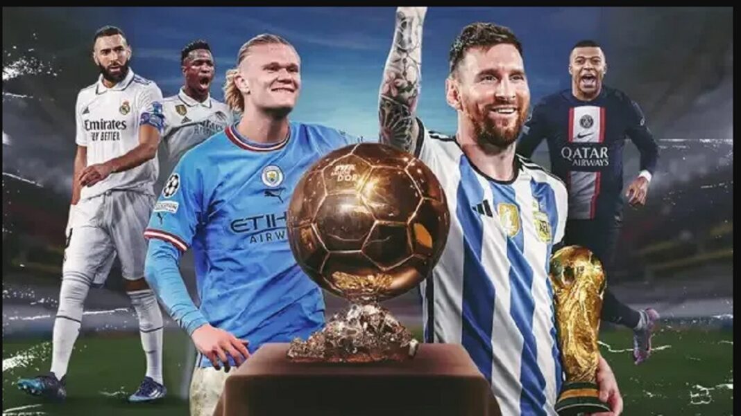 Joueurs de football célèbres avec trophées et ballon d'or 2023.