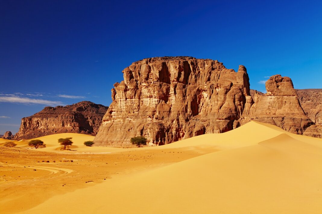 Le Sahara algérien, le plus beau désert au monde, s’ouvre à nouveau au monde. Paysage du Sahara algérien avec dunes et formations rocheuses.