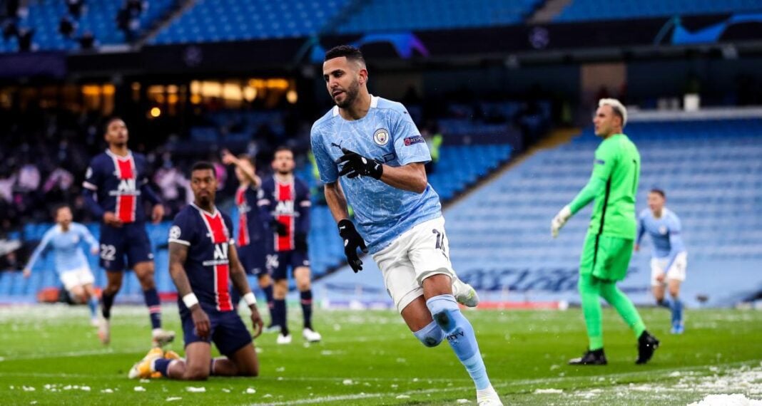 Ça s’enchaine ! Riyad Mahrez bat encore un autre record. Riyad Mahrez célèbre un but avec ses coéquipiers en Ligue 1.