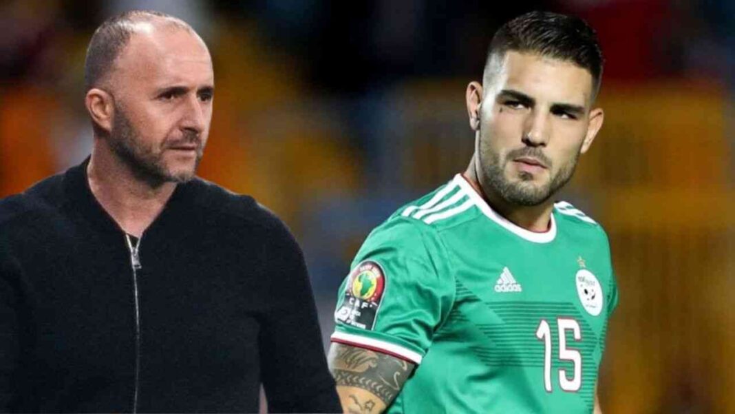 Equipe d’Algérie : Belmadi a enfin trouvé le remplaçant d’Andy Delort Belmadi et un joueur algérien lors d'un match de football.
