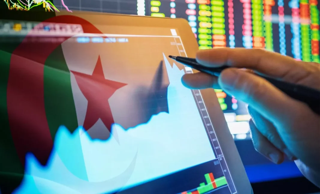 Investissement en Algérie : Analyse financière Graphique financier avec drapeau algérien en arrière-plan.