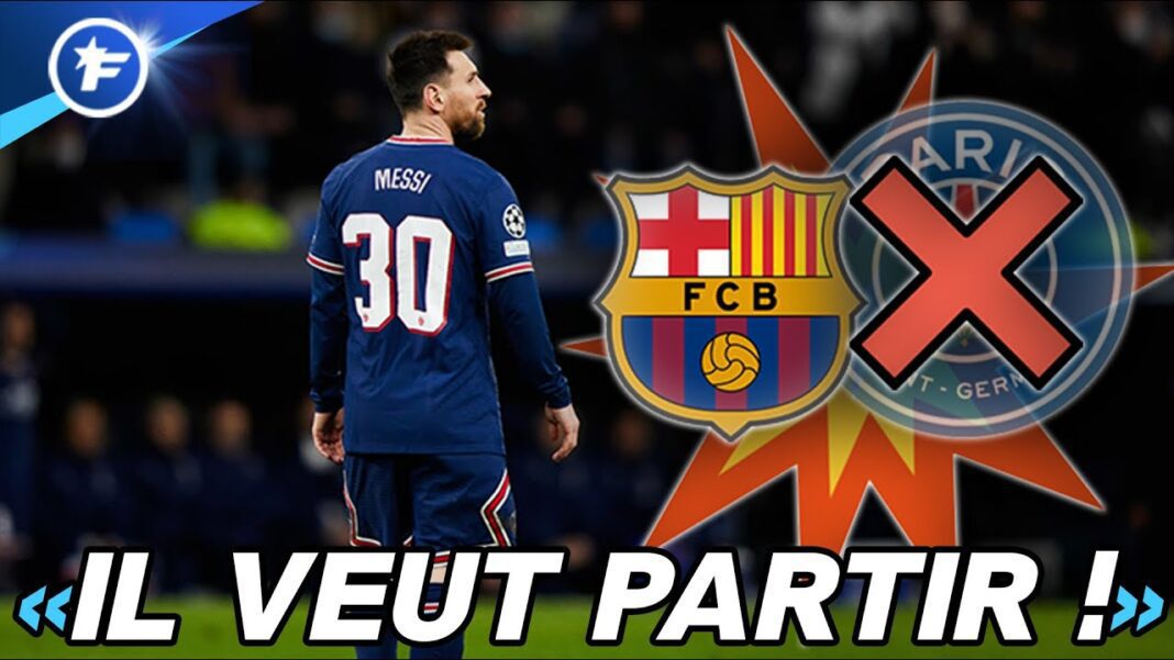 Messi et le PSG, départ imminent Lionel Messi en maillot du PSG avec logos de Barcelone et Bayern Munich.