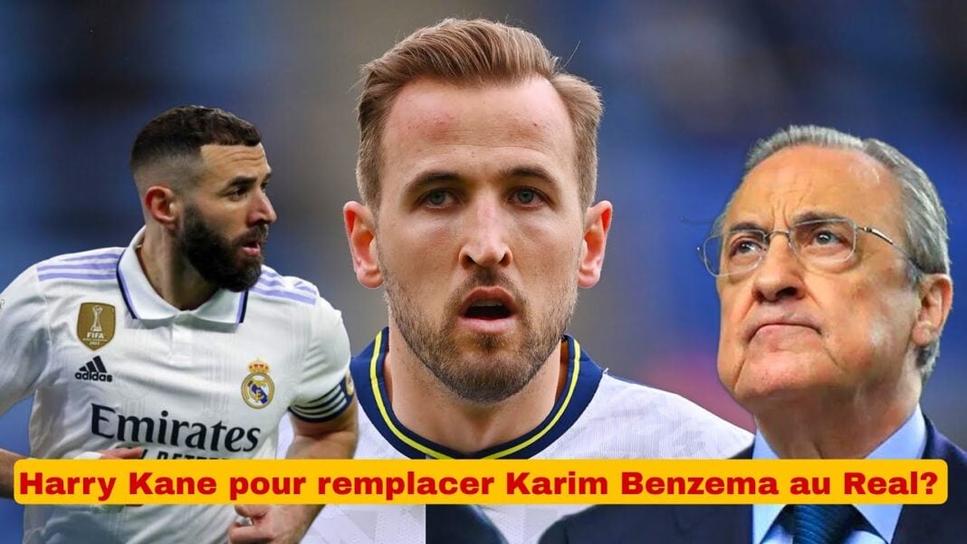 Réal Madrid : Officiel, Harry Kane pour remplacer Benzema Harry Kane, joueur de football, en vedette avec un entraîneur et un autre joueur en arrière-plan.