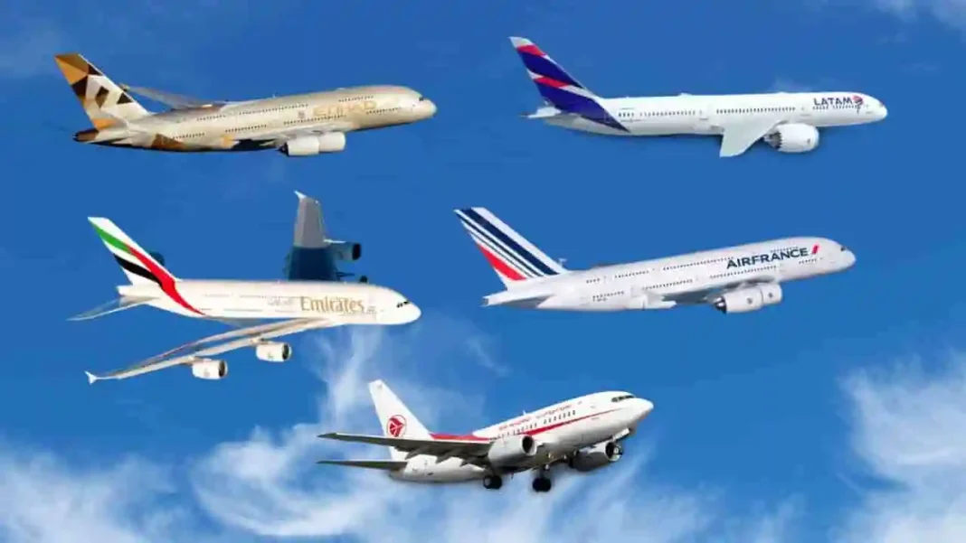 Transport aérien : l’Algérie 2eme mauvais payeurs dans le monde en 2023 Groupe d'avions de compagnies aériennes internationales en vol.