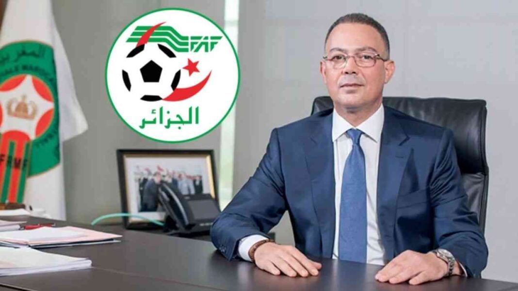 La CAF sous l’influence du Maroc ? La réponse de Fouzi Lekjaa Fouzi Lekjaa, président de la FAF, dans son bureau avec logo de la FAF en arrière-plan.