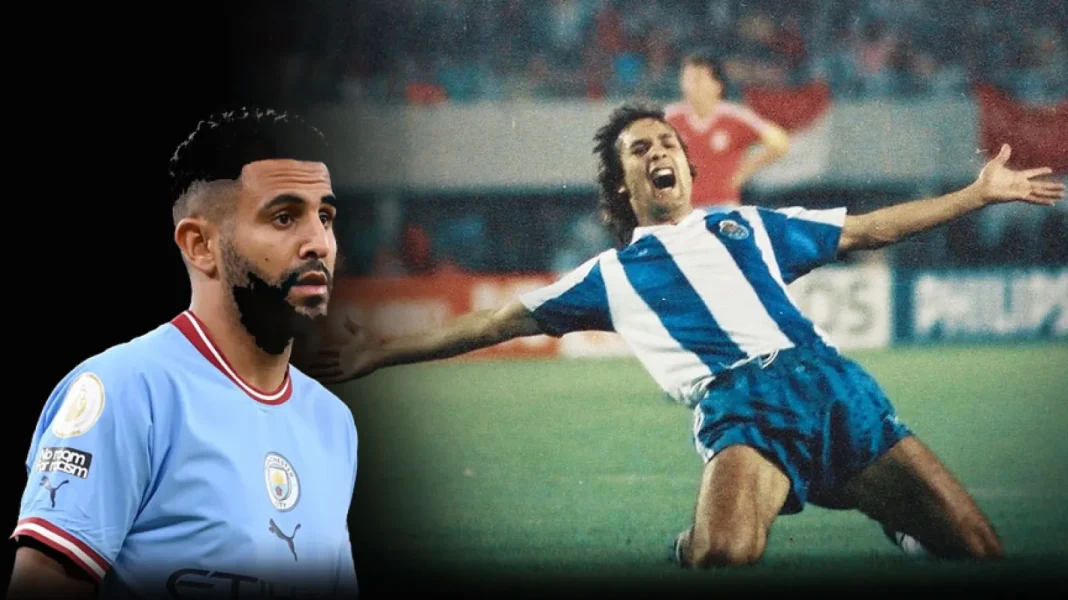 Mahrez sur les pas de Rabah Majder Mahrez en action lors d'un match de football, célébrant un but.
