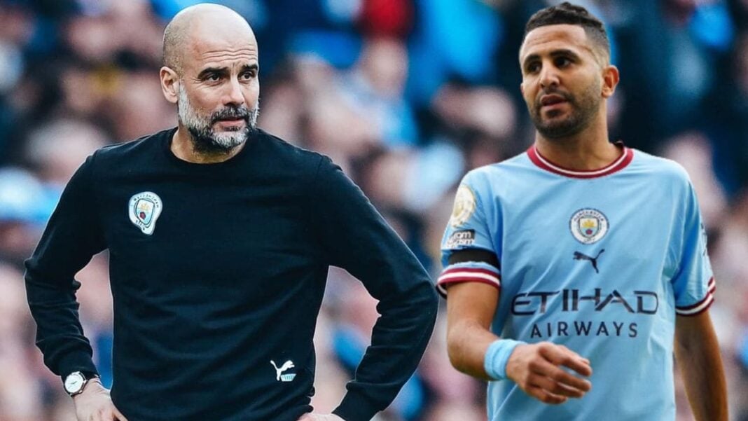 Mahrez et Guardiola lors d'un match de football, tension visible.