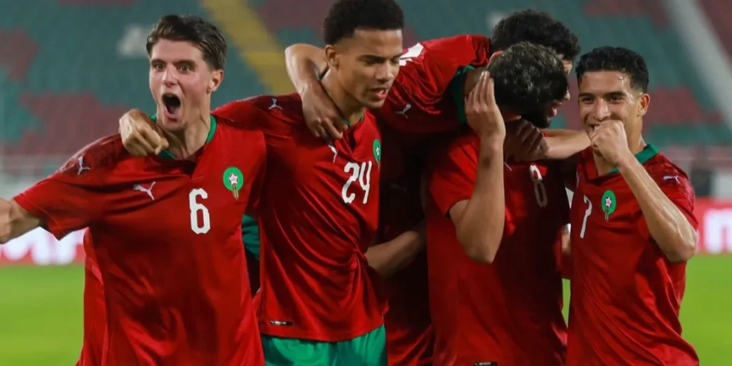 CAN U23 : Le Maroc atomise le Ghana (5 – 1) Joueurs de l'équipe U23 du Maroc célébrant un but.
