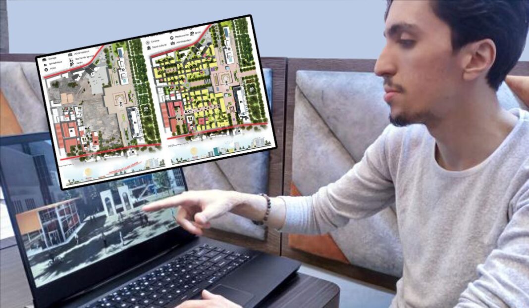 Concours international d’architecture : Sami Djebbli fait honneur l’Algérie. Jeune homme travaillant sur un plan architectural avec un ordinateur portable.