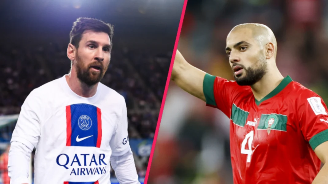Lionel Messi et Sofyan Amrabat Lionel Messi et Sofyan Amrabat lors d'un match de football.