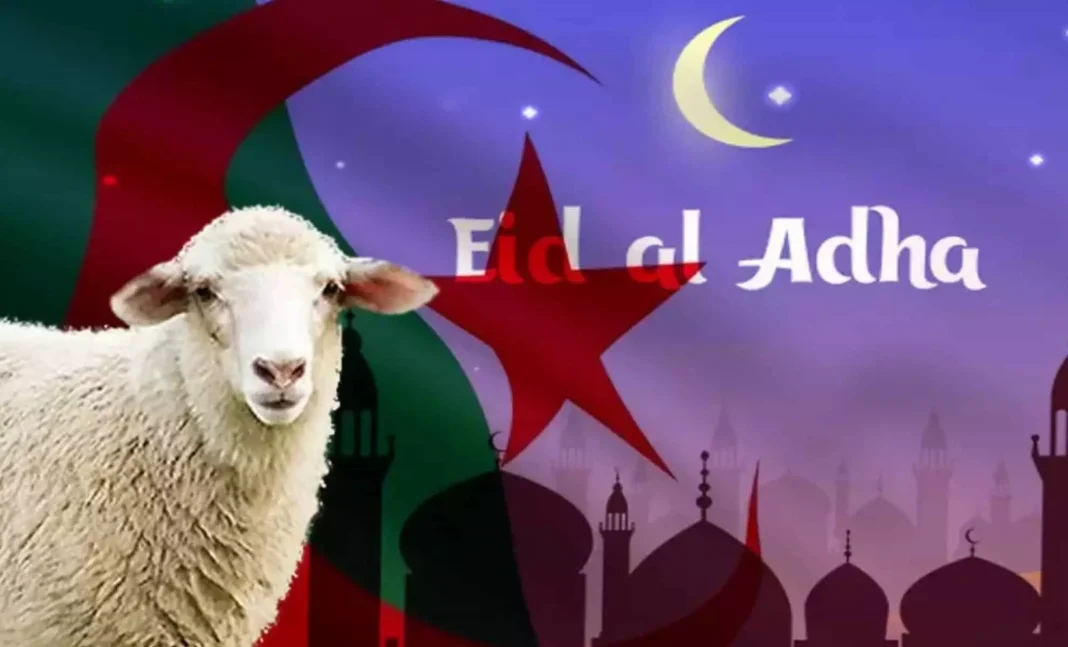 Aid al-Adha 2024 : l’heure de la prière en Algérie dévoilée ! Mouton devant un fond festif avec croissant et étoile.