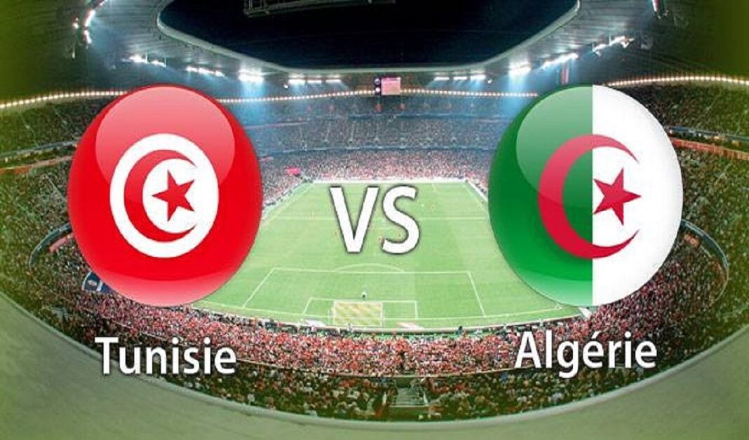 Match Tunisie vs Algérie en direct Match de football Tunisie contre Algérie dans un stade rempli.