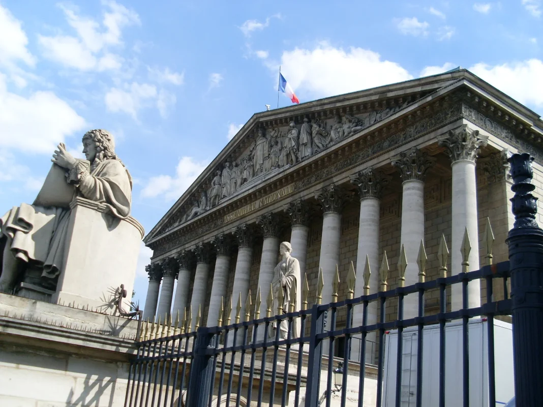 Plusieurs députés Français se mobilisent pour lutter contre la répression raciale en Algérie Vue de l'Assemblée nationale avec statues et drapeau français.