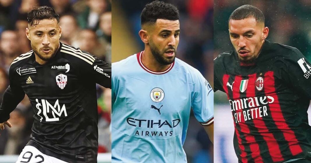 Découvrez les 10 meilleurs joueurs de l’équipe d’Algérie et leurs valeurs marchandes Trois joueurs de football algériens en action lors d'un match.