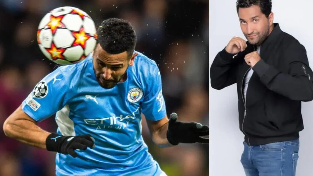 Riyad Mahrez en pleine action avec le ballon lors d'un match de football.