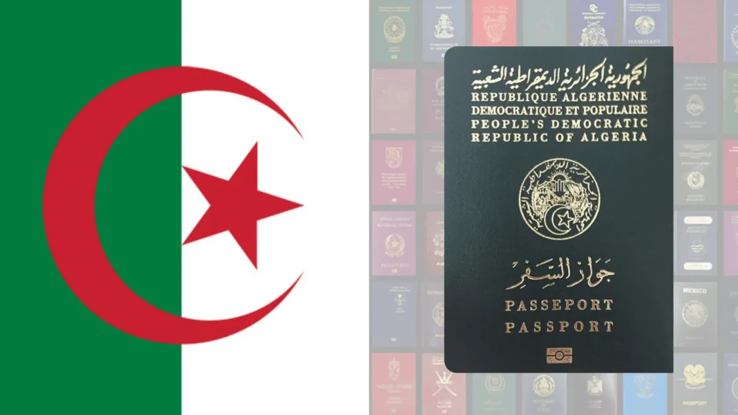 Henley Passport Index d’avril 2024 : Le passeport algérien gagne quatre places Passeport algérien avec drapeau national en arrière-plan.