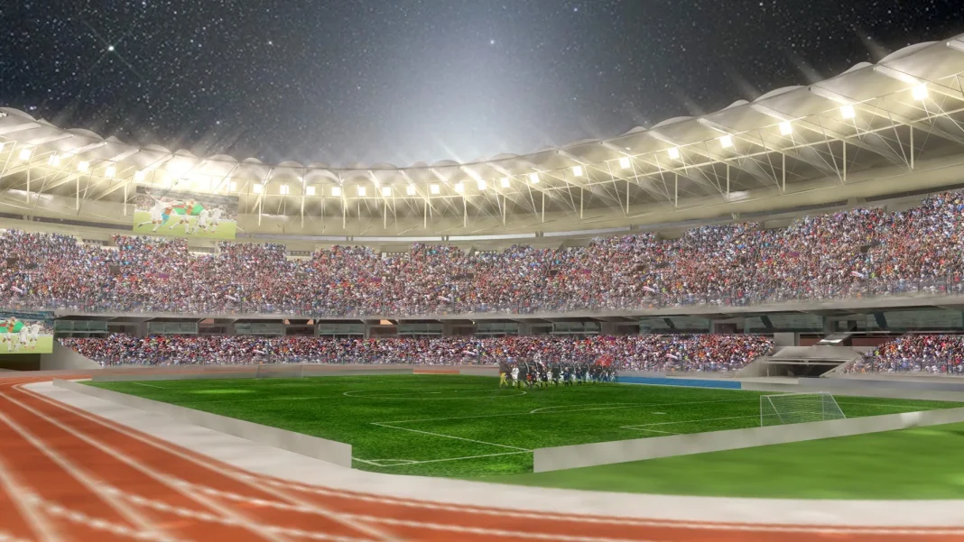 Classement des meilleurs stades d’athlétisme au monde : un stade d’Algérie se distingue ! Stade d'athlétisme moderne en Algérie avec foule et éclairage nocturne.