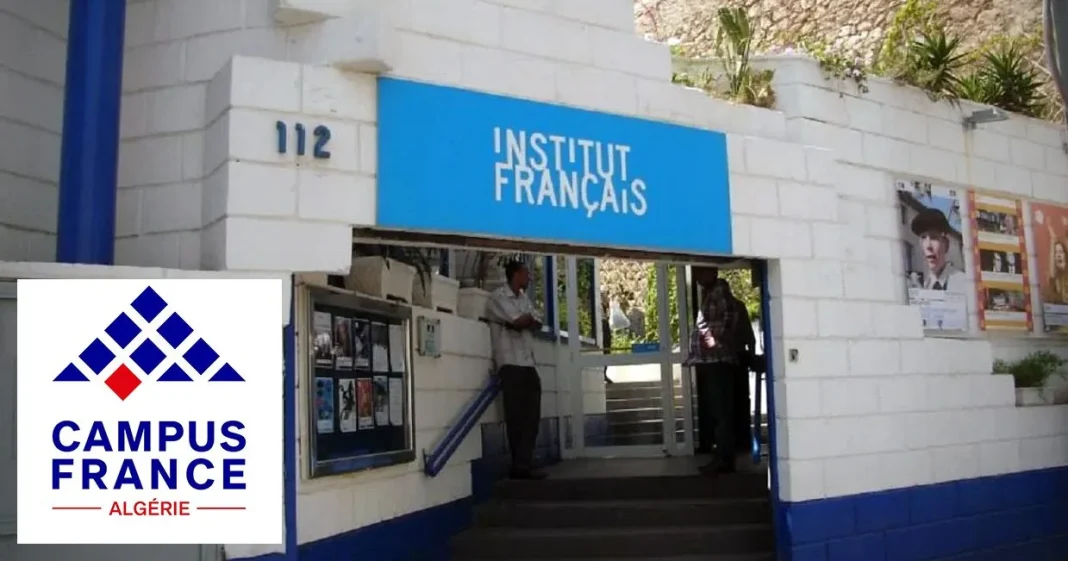 Entrée de l'Institut Français à Alger, façade bleue et enseigne visible.