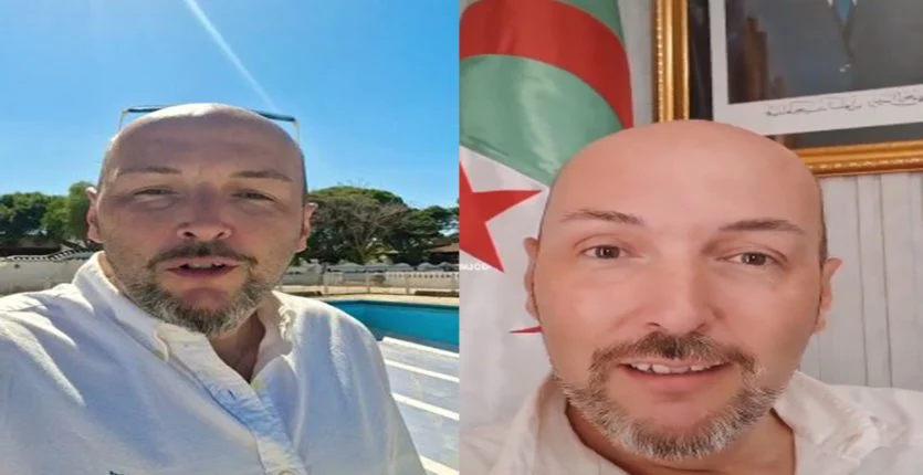 « je suis heureux en Algérie », déclare Marc Mauco, un français installé définitivement à Oran Marc Mauco, homme souriant, à Oran avec drapeau algérien en arrière-plan.