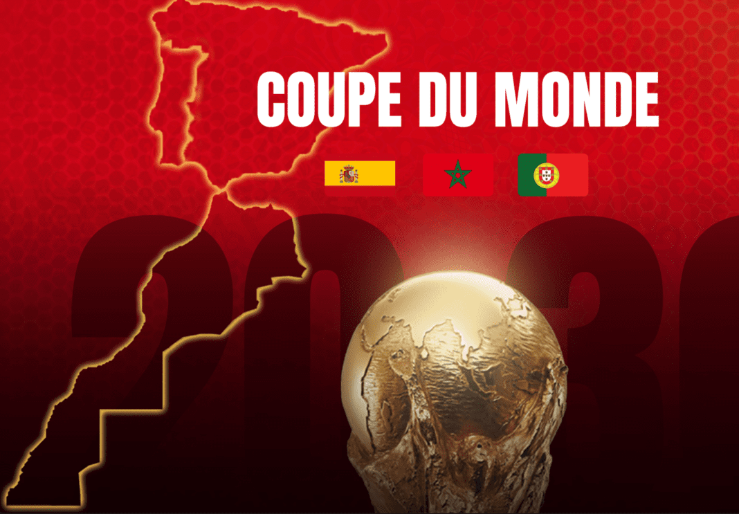 Le Maroc candidat pour abriter la Coupe du monde 2030 Logo de la Coupe du Monde 2030 avec carte du Maroc et drapeaux.