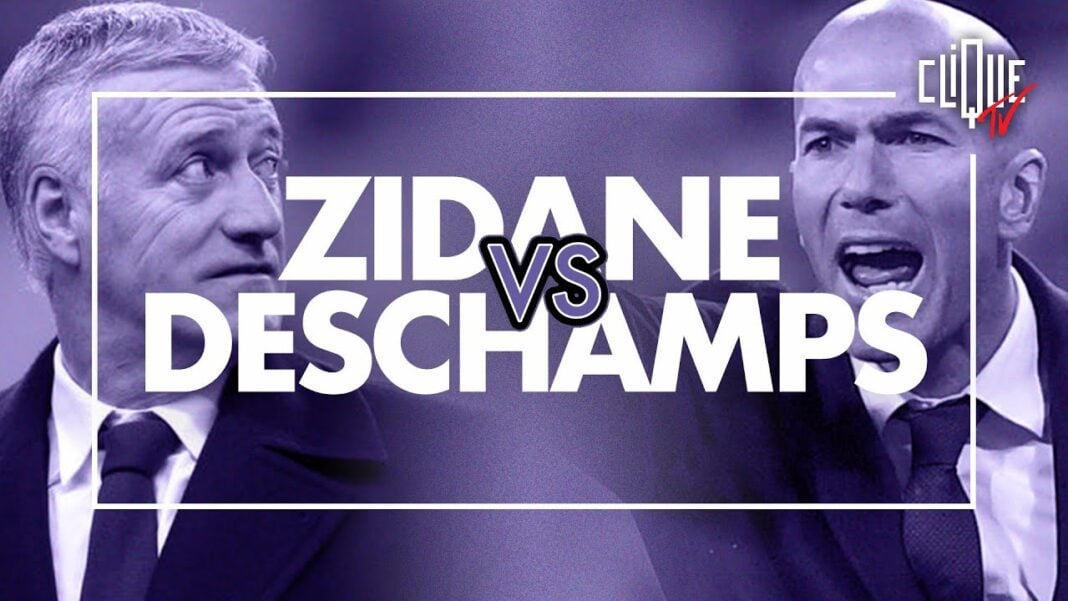 Zidane et Deschamps face à face lors d'une grande rencontre footballistique.