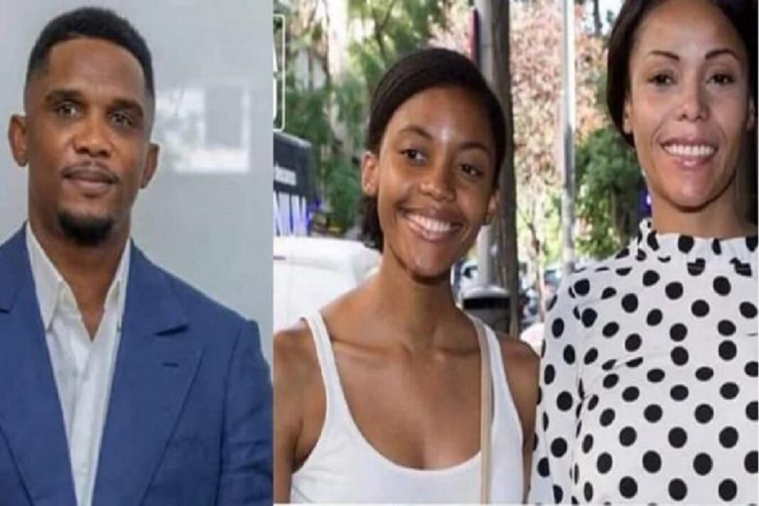 Samuel Eto’o bientôt en prison ? (Sa fille porte plainte contre lui) Samuel Eto'o avec sa fille et une amie, souriants en extérieur.