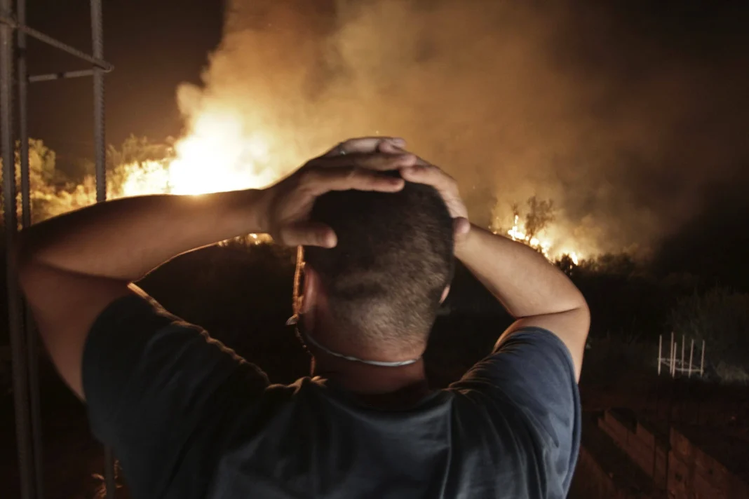 Incendies en Algérie : 12 accusés déposés en prison Homme observant un incendie de forêt en Algérie la nuit.