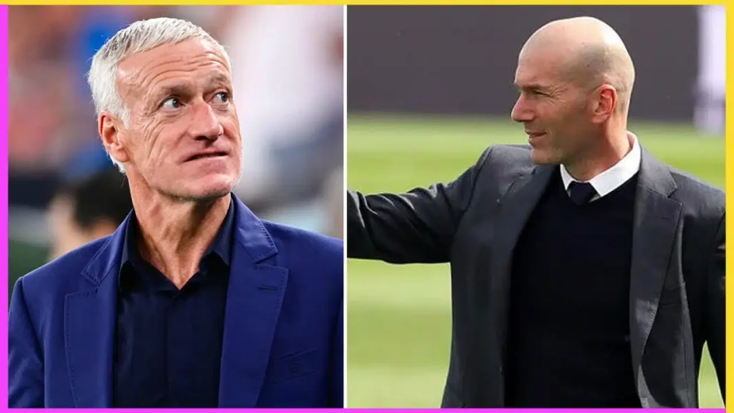Enfin Zidane et Deschamps se sont parlés Zidane et Deschamps lors d'une rencontre sportive en plein air.