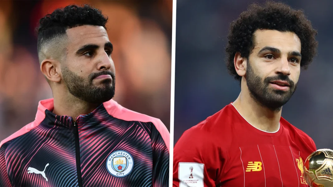 Premier League : le record de Riyad Mahrez menacé par Mohamed Salah Riyad Mahrez et Mohamed Salah lors d'un match de football.